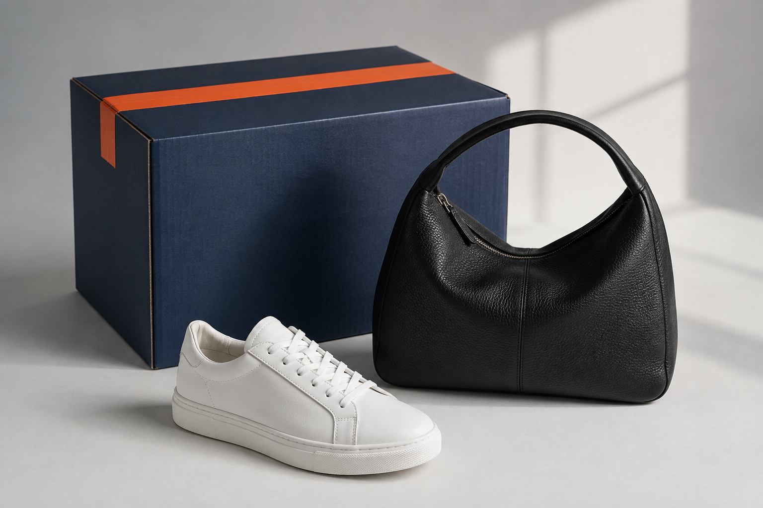 Composición conceptual de compras y logística: caja azul, bolso negro y zapatilla blanca sin marcas